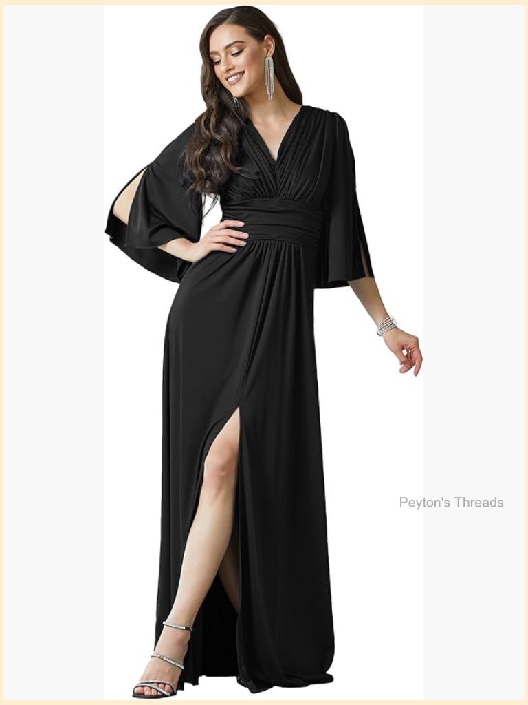 Flutter Sleeve V-Neck Maxi Dress With Slit - Bridesmaid Evening Gown